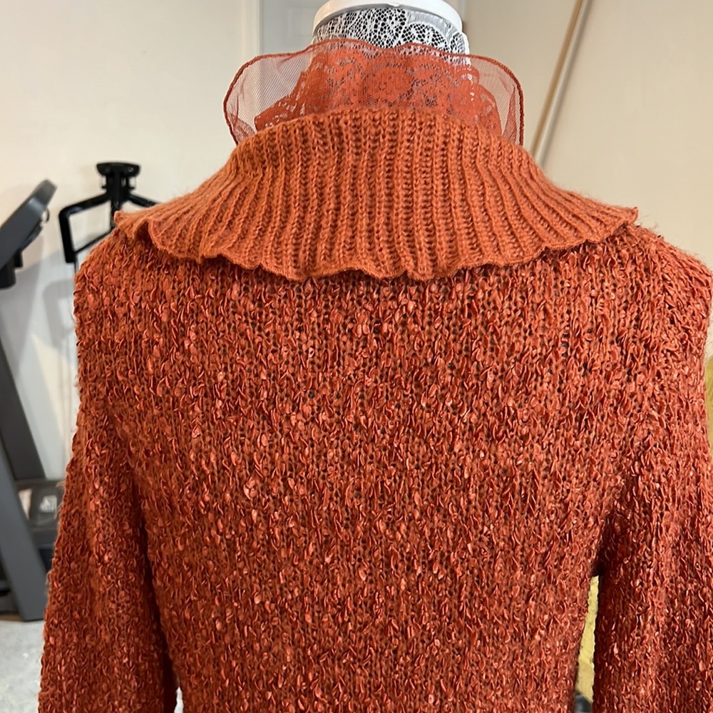 Jamie Gries burnt orange  boho sweater cardigan lace & ruffle trim size small - Picture 6 of 13